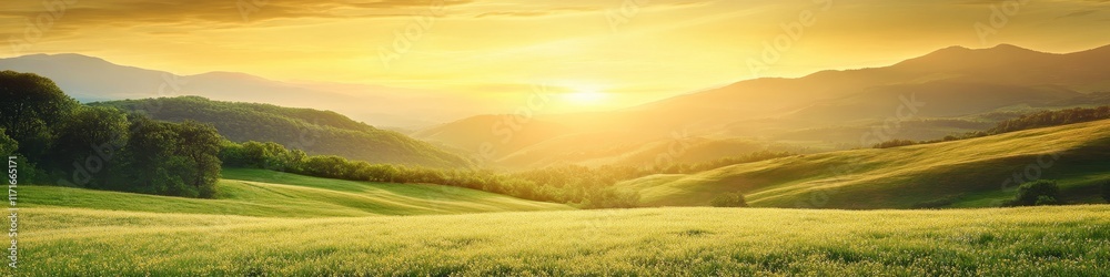 Obraz premium A serene landscape at sunset, showcasing rolling hills and lush greenery.