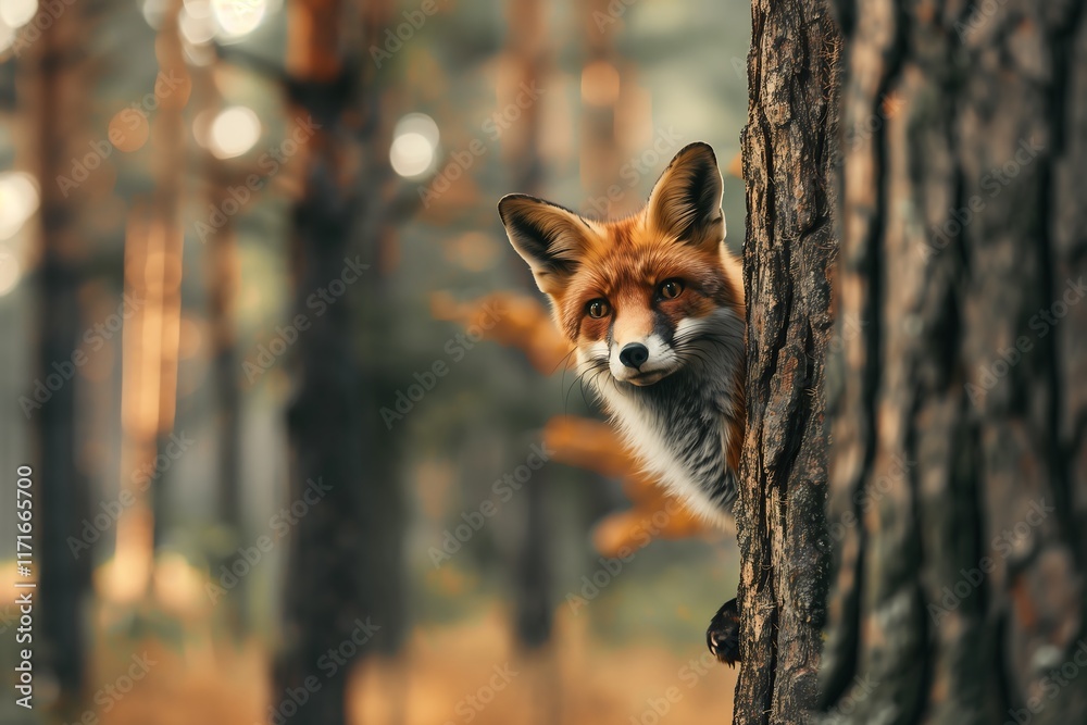 a red fox hiding behind a tree in forest a red fox hiding behind a tree in forest