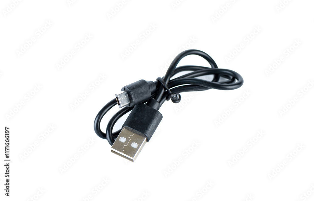 USB cable with micro USB connector on white background. USB cable with micro USB connector on white background.
