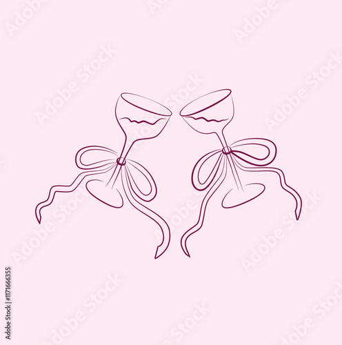 Coquette Cheers Illustration that's hand drawn. Ribbon and bow aesthetic for hosting or the holidays. Romantic vector design set. 