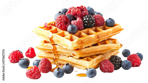 A stack of fluffy waffles topped with fresh berries isolated on a transparent background, PNG