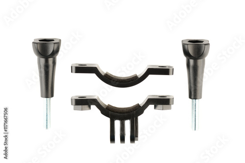 Black metal hardware components isolated on white background.