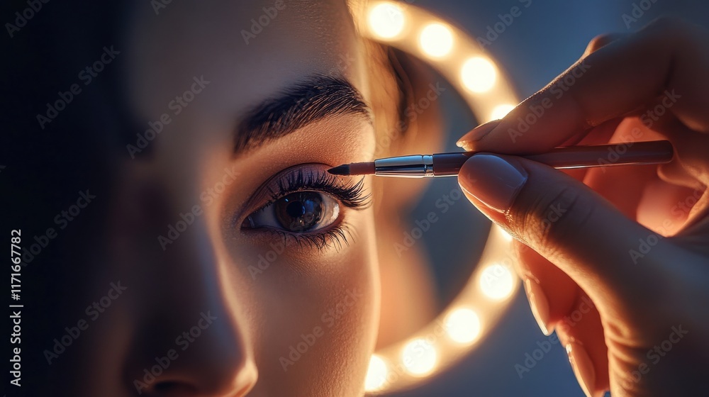 Obraz premium A detailed image of a hand holding a pencil for eyebrow makeup, gently applying it to the eyebrow in front of a well-lit mirror.