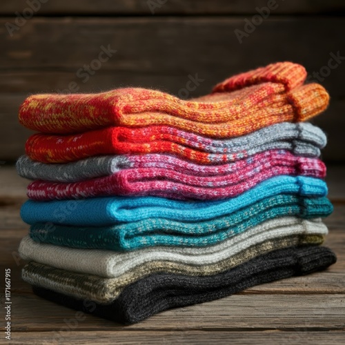Folded colorful wool sweaters, Stack of cozy knit garments, Warm winter clothing, Vibrant yarn textures, Rustic wooden table, Dark moody background, Soft fabric details, Autumn fashion, Hygge lifestyl