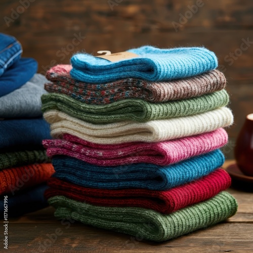 Folded colorful wool sweaters, Stack of cozy knit garments, Warm winter clothing, Vibrant yarn textures, Rustic wooden table, Dark moody background, Soft fabric details, Autumn fashion, Hygge lifestyl