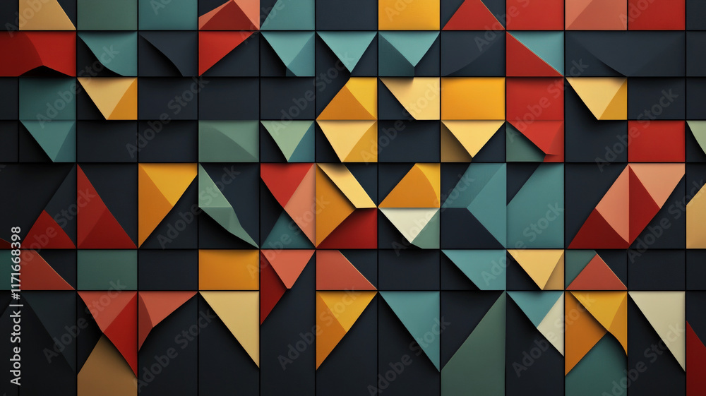 Modern Geometric Pattern with Colorful Triangles Creating Dynamic Three-Dimensional Abstract Wall Design Modern Geometric Pattern with Colorful Triangles Creating Dynamic Three-Dimensional Abstract Wall Design