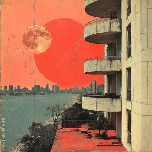 Retro Surreal Urban Landscape with High-Rise Balcony Overlooking a Waterfront and a Vibrant Red Sunlit Sky Featuring a Full Moon