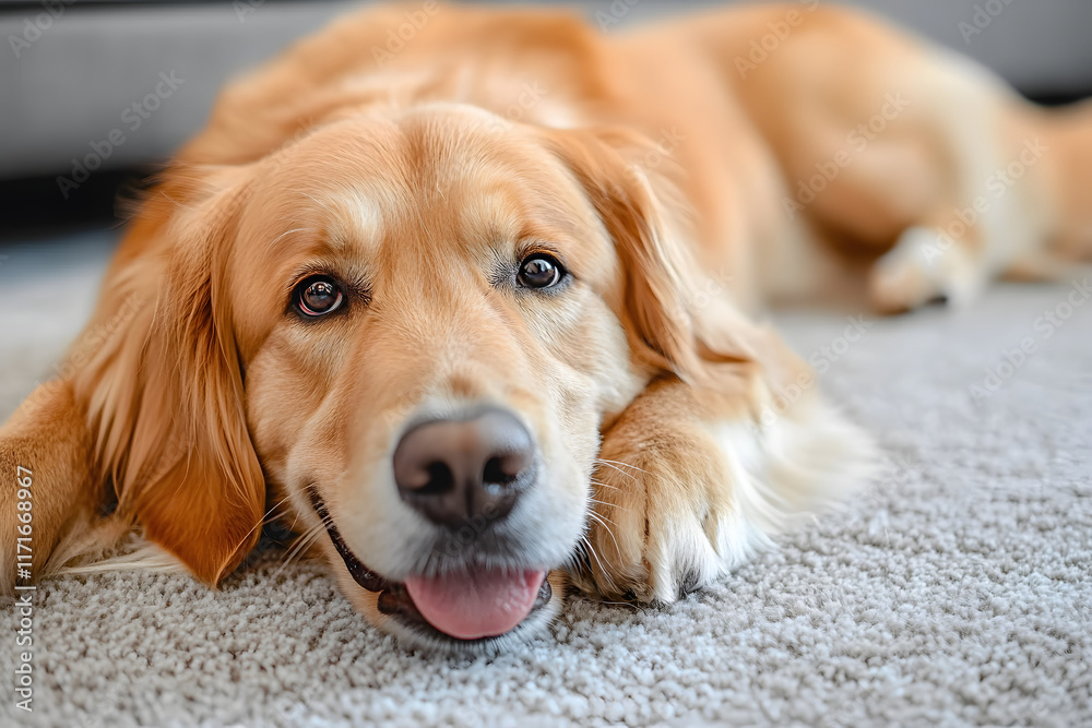 Healthy Pet. Closeup portrait of cute dog lying on the gray floor carpet indoors in living room at home, happy golden retriever resting near couch, modern house interior, selective focus Healthy Pet. Closeup portrait of cute dog lying on the gray floor carpet indoors in living room at home, happy golden retriever resting near couch, modern house interior, selective focus