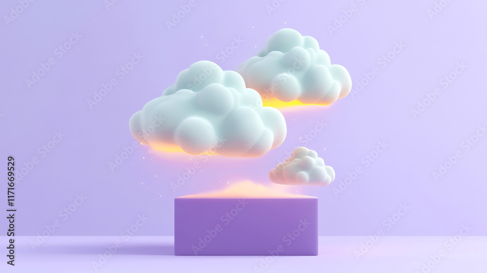 A whimsical 3D rendering featuring fluffy clouds emerging from a purple block against a soft lavender background. A whimsical 3D rendering featuring fluffy clouds emerging from a purple block against a soft lavender background.