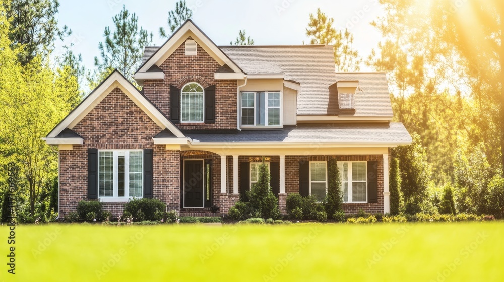 A charming brick house surrounded by greenery in a sunny setting. A charming brick house surrounded by greenery in a sunny setting.