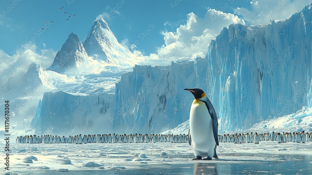 Obraz premium King penguin stands, colony in Antarctica.