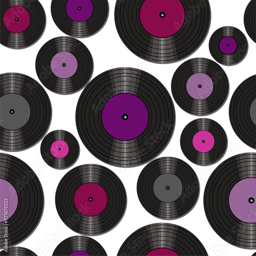  Seamless pattern print background with vinyl record disks vector illustration music wallpaper decorative artistic texture 60s, 70s, 80s, 90s 