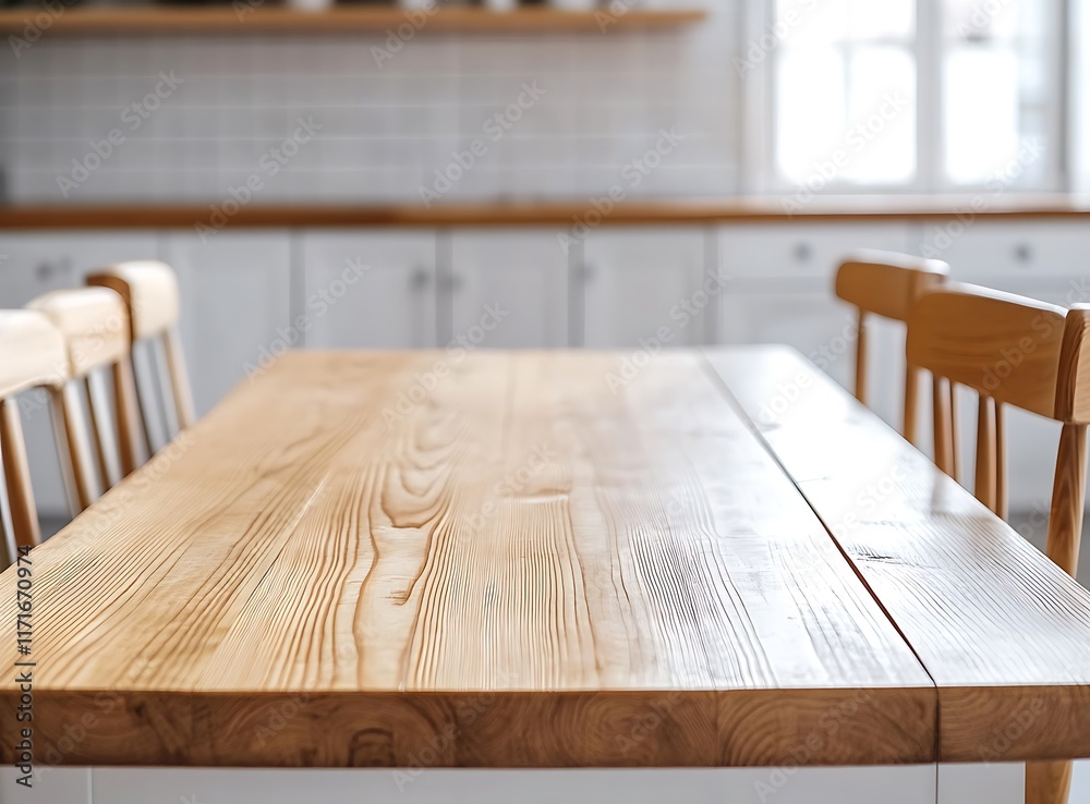 Modern kitchen interior with white cabinets, wooden table and chairs on a light background Modern kitchen interior with white cabinets, wooden table and chairs on a light background