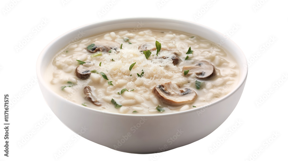 A steaming bowl of creamy mushroom risotto with a sprinkle of parmesan isolated on a transparent background, PNG A steaming bowl of creamy mushroom risotto with a sprinkle of parmesan isolated on a transparent background, PNG