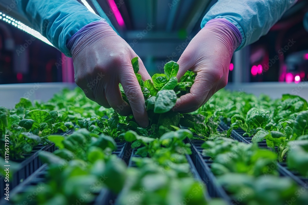 close up view hands of farmer picking lettuce in hydroponic greenhouse. Generative AI close up view hands of farmer picking lettuce in hydroponic greenhouse. Generative AI