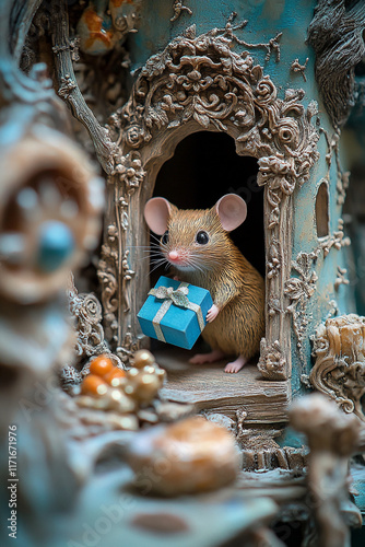 Charming mouse holding a blue gift box in an ornate fairytale setting photo