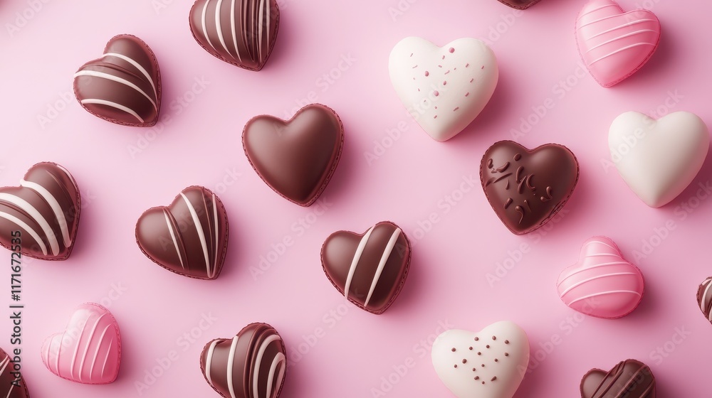 Fototapeta premium Assorted heart-shaped chocolates on pink background. Perfect for Valentine's Day, celebrations, and romantic themes.