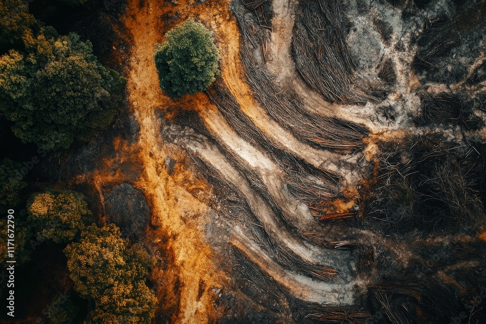 Aerial view: scorched earth, scattered debris, lone tree, green forest. Aerial view: scorched earth, scattered debris, lone tree, green forest.