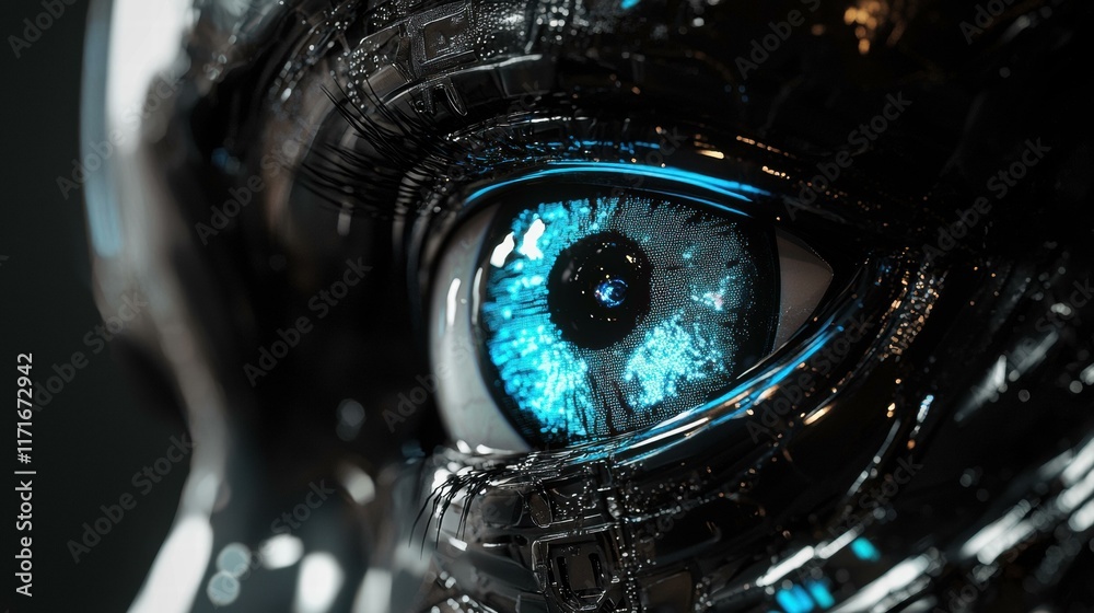 A robotic eye with a digital blue iris. AI. A robotic eye with a digital blue iris. AI.