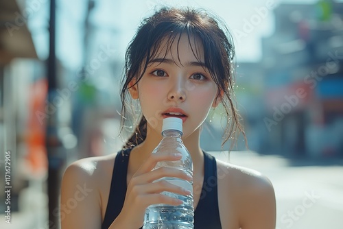 Asian woman drinking water to rehydrate to avoid heat stroke after running outdoors in the summer. Generative AI