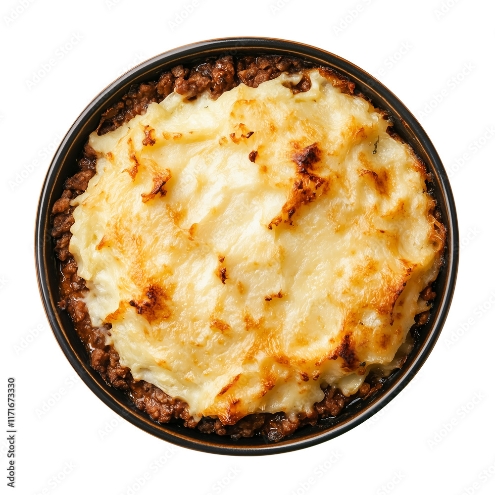 Top view of golden brown shepherd pie in ceramic dish, featuring layer of creamy mashed potatoes over savory minced meat filling, isolated on transparency background Top view of golden brown shepherd pie in ceramic dish, featuring layer of creamy mashed potatoes over savory minced meat filling, isolated on transparency background
