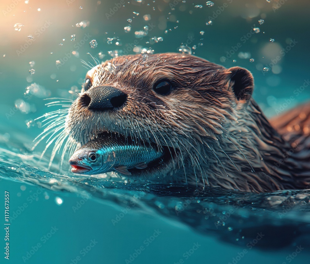 Otter catching its prey. AI. Otter catching its prey. AI.