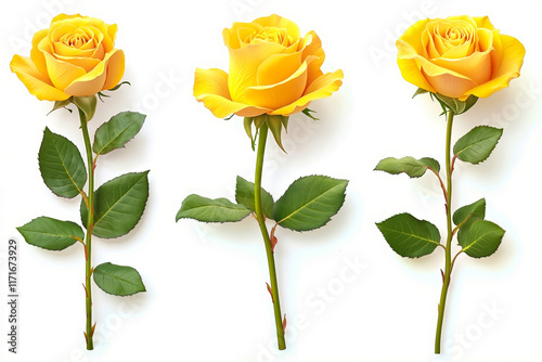 Three yellow roses with green leaves on a white background