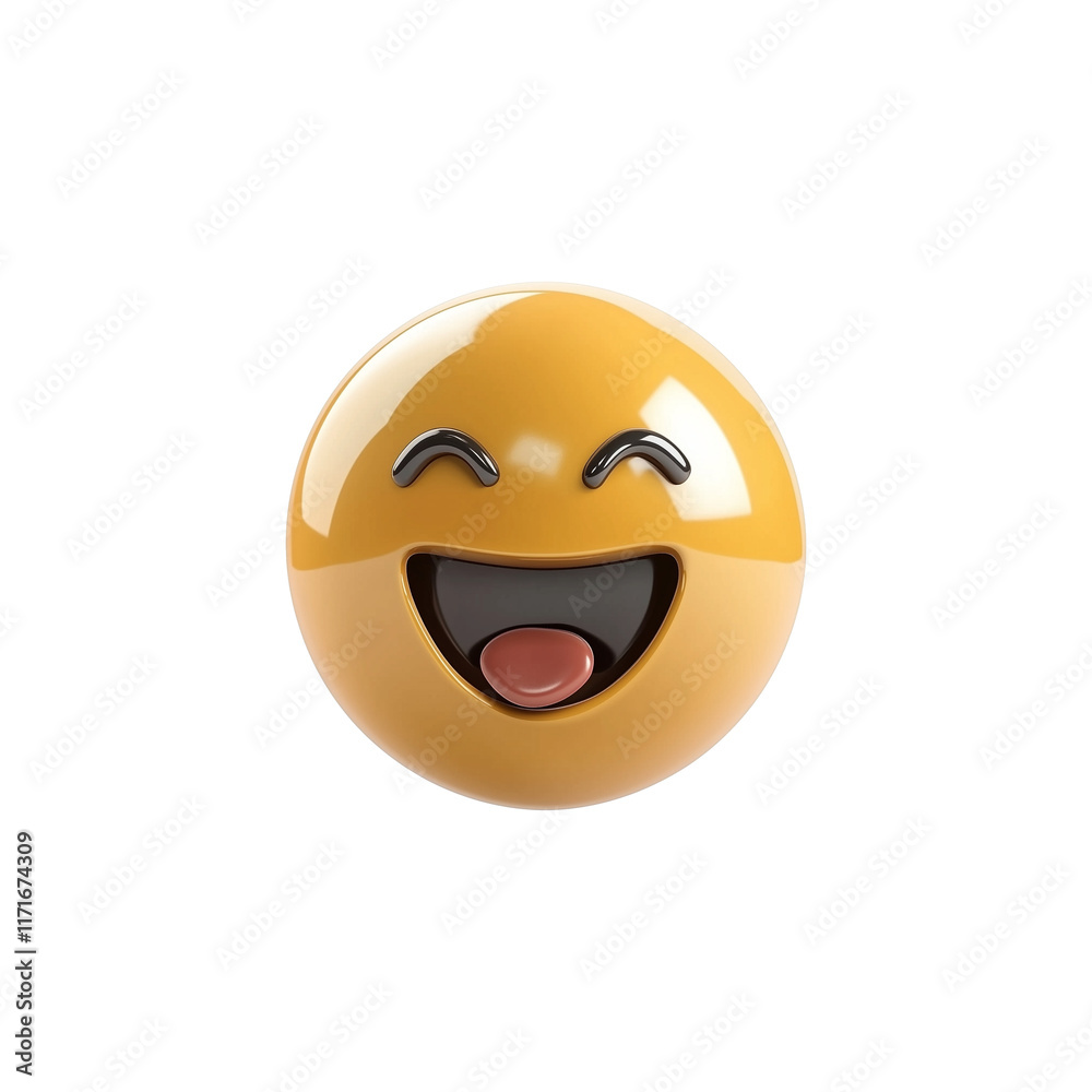 Fototapeta premium 3D golden brown emoji with joyful expression, featuring closed eyes and open mouth, isolated on transparency background