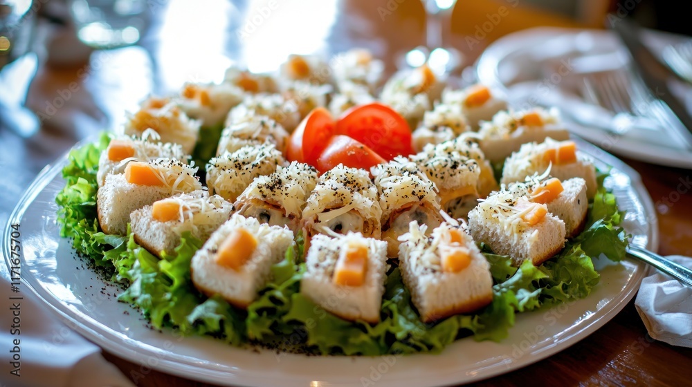 A beautifully arranged platter of sushi on a bed of lettuce. A beautifully arranged platter of sushi on a bed of lettuce.