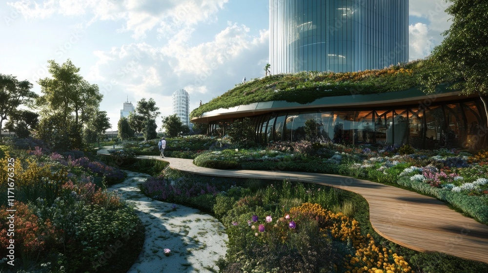 Obraz premium Sustainable architecture blends seamlessly with nature in a hillside residential complex featuring greenery and modern design