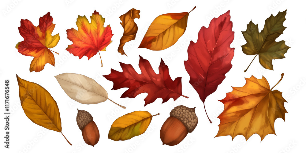 Fototapeta premium Colorful autumn leaves and acorns arranged in festive overlay, showcasing vibrant red, orange, yellow, and brown hues, symbolizing beauty of fall season