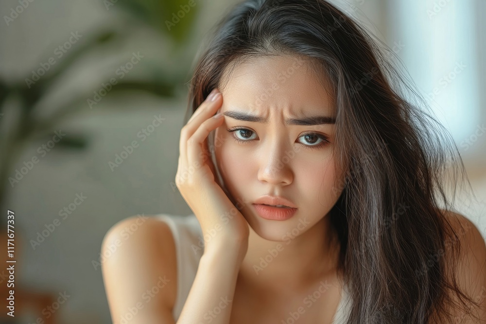 Hair loss problem, Asian woman look at scalp worry about balding. Generative AI Hair loss problem, Asian woman look at scalp worry about balding. Generative AI
