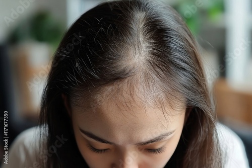 Hair loss problem, Asian woman look at scalp worry about balding. Generative AI