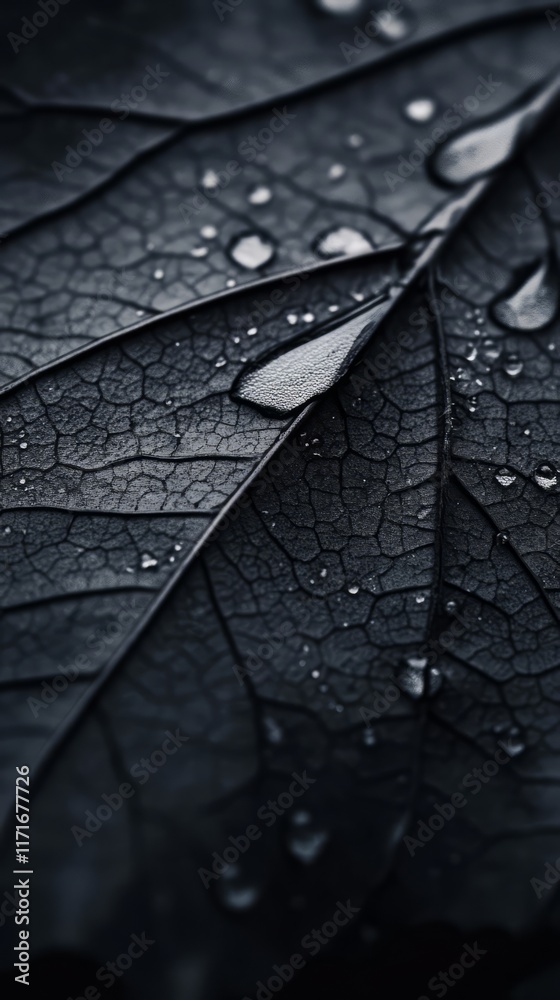 Fototapeta premium Close-up of water drops on A Black autumn leaves showing veins and textures wallpaper for phone