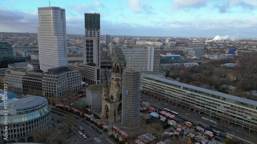 Kaiser Wilhelm Memorial Church in Berlin. Perfect aerial view flight drone