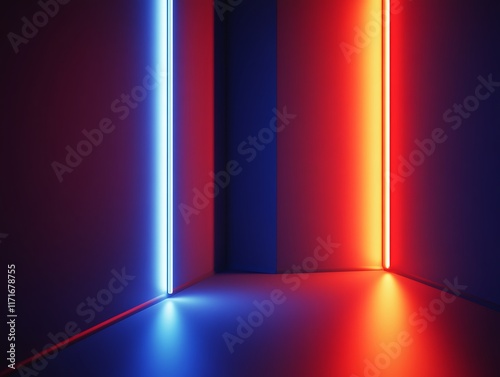 Abstract Corner Illuminated By Neon Red And Blue Lights