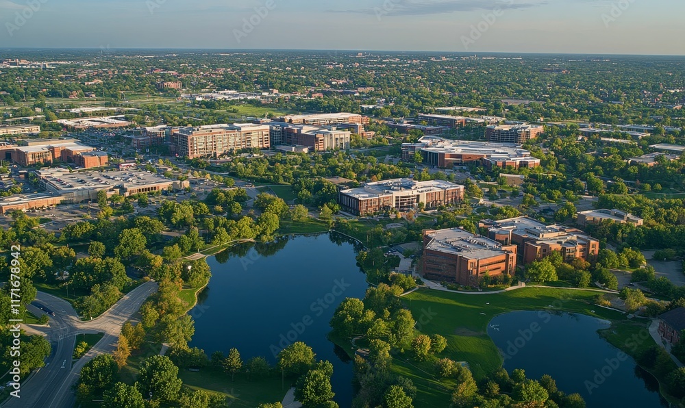 Fototapeta premium Aerial view: buildings, green space, and ponds.