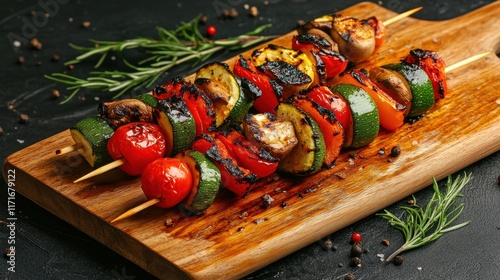 Colorful vegetable skewers grilled to perfection served on a wooden platter with herbs and spices