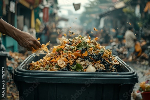 Food waste environment concept, people throwing food garbage into bin prepare to decompose. Generative AI photo