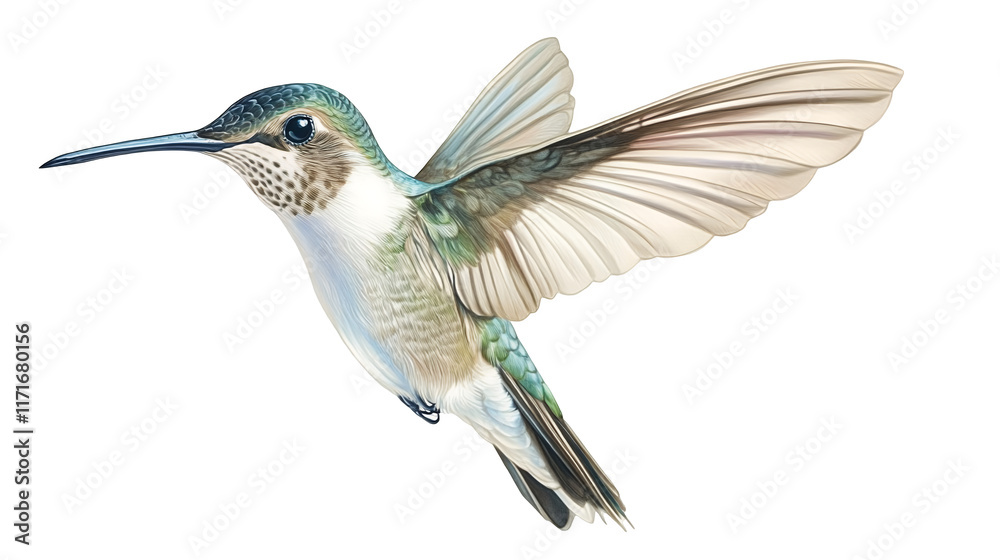 Naklejka premium A tiny hummingbird hovering with fast-beating wings isolated on a transparent background, PNG