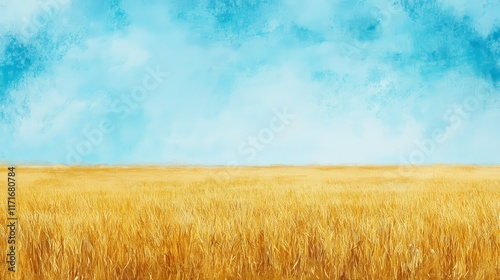 Expansive golden wheat field under a bright blue sky on a sunny day in the countryside photo