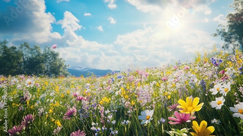 A spring meadow filled with colorful wildflowers and bright sunshine. photo