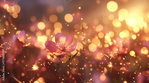 soft focus cosmos flowers with bokeh glitter glow light, beautiful wildflower blossom field landscape, dreamy spring background wallpaper, Generative Ai