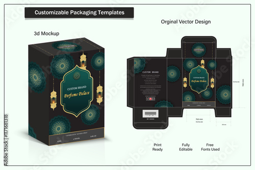 Perfume Packaging box design with, luxury box design template, Box die line, 3d Box Mockup, and Design elements. Illustration Vector design Template.	