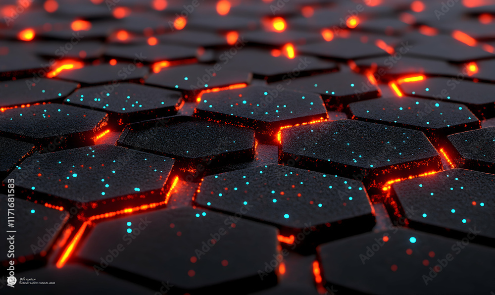 Obraz premium Abstract hexagonal pattern with glowing orange and cyan accents. Perfect for technology, energy, or futuristic designs.