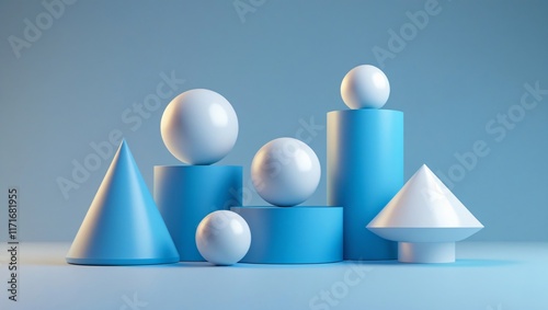 A 3d redndering minimalist composition featuring geometric shapes—cones, a cylinder, and a sphere—against a clean blue backdrop. Perfect for illustrating concepts of balance, geometry, or minimalism photo