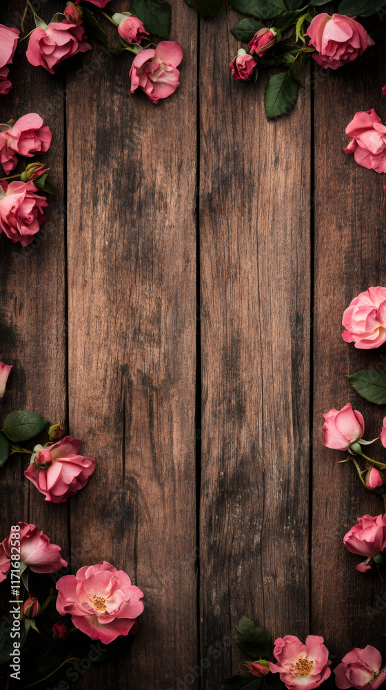 Beautiful pink roses creating a frame on a rustic wooden background, perfect for Valentine's Day projects Beautiful pink roses creating a frame on a rustic wooden background, perfect for Valentine's Day projects