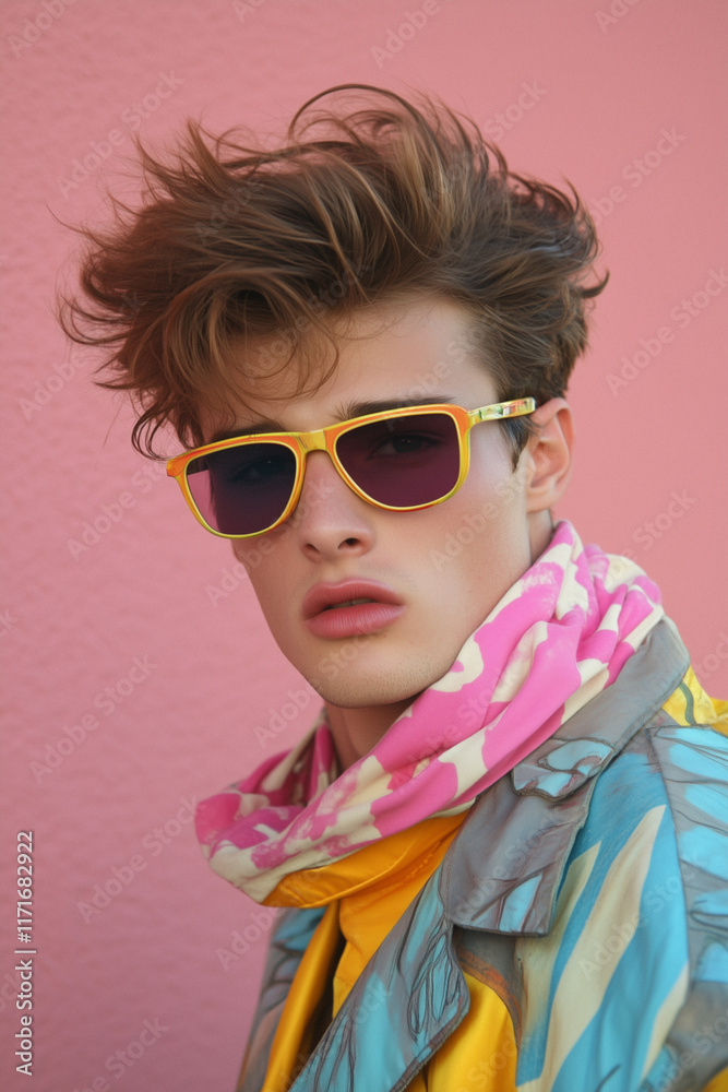 Young Man Embracing 80s Pop Culture with Confident Look Young Man Embracing 80s Pop Culture with Confident Look