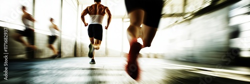 A group of runners captured in motion within an industrial setting.