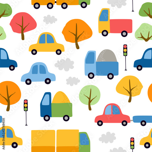 Cars, trucks, trees and traffic lights on white background. Colorful seamless pattern for kids.